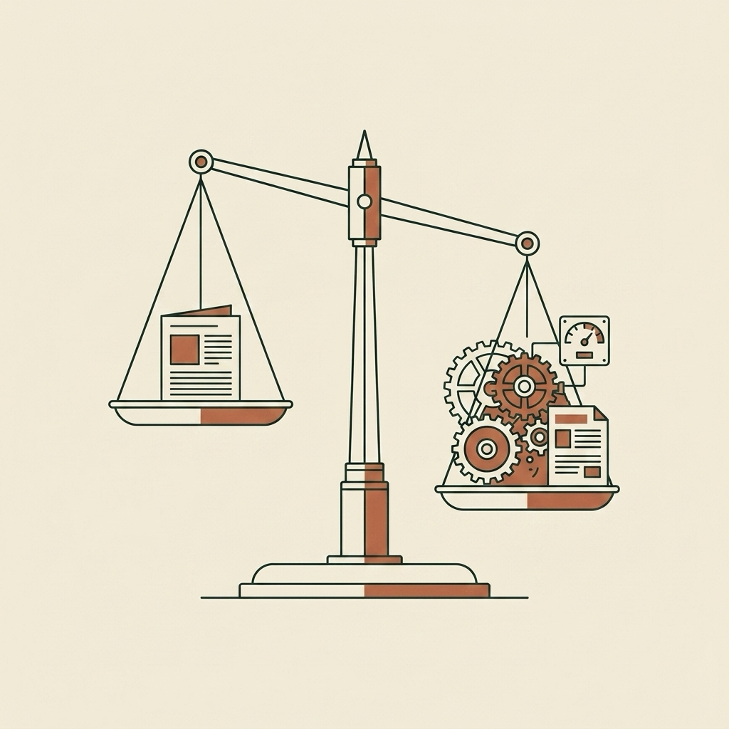 Balance scale weighing loose documents against interlocking gears, showing ad spend treated as a cost versus as a built asset