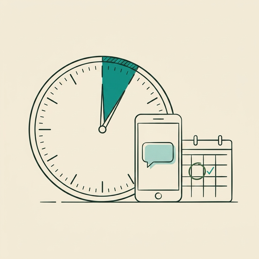 Line-art clock with a short wedge of elapsed time beside a phone and a calendar, marking the window in which a prospect will still book