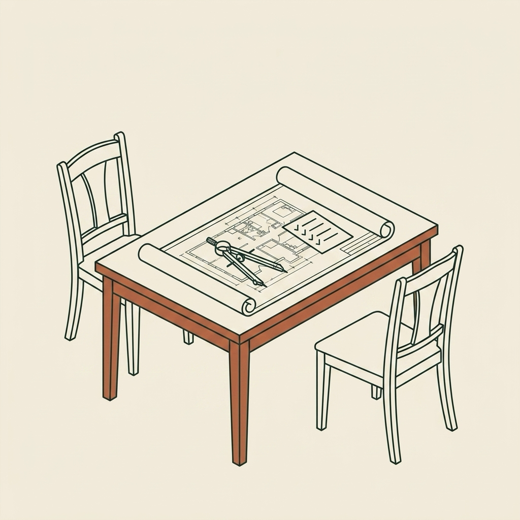 Two chairs facing a table holding an unrolled plan, showing the scheduled conversation a booking is meant to produce
