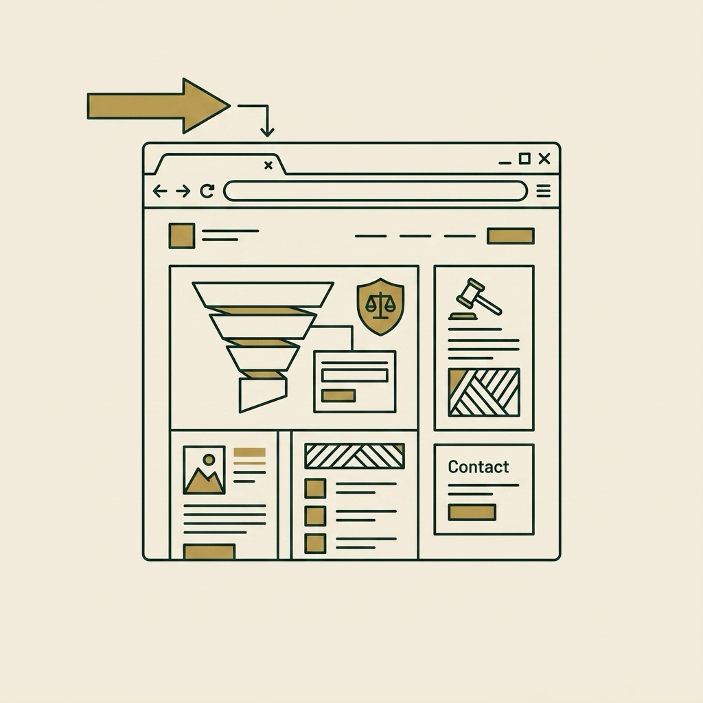 Browser window showing a firm profile with a review funnel, a trust badge, and a contact panel, the way a referral checks you before calling