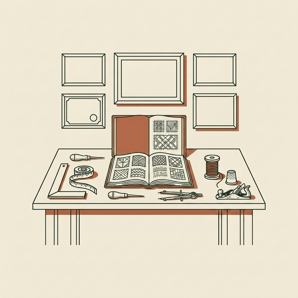 Open reference book surrounded by framed records and working tools, showing the client archive a firm already owns
