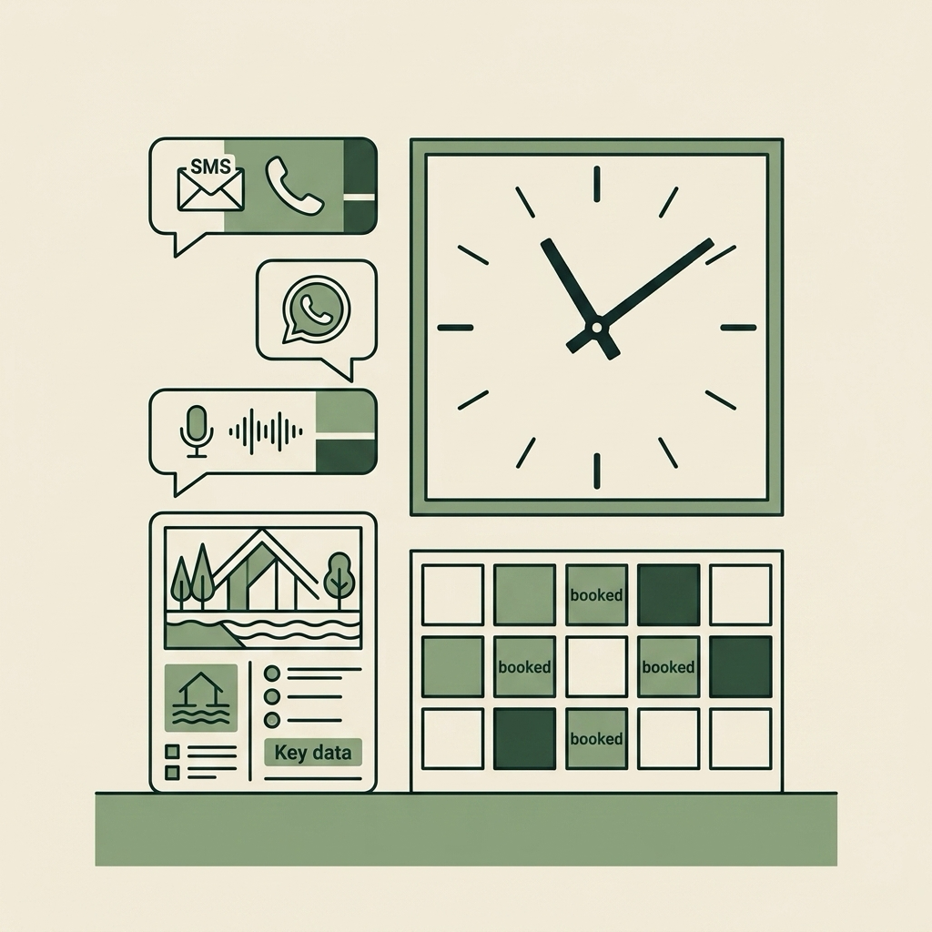 Line-art clock beside SMS, voice, and chat message icons and a grid of booked slots, showing after-hours intake answered in both languages