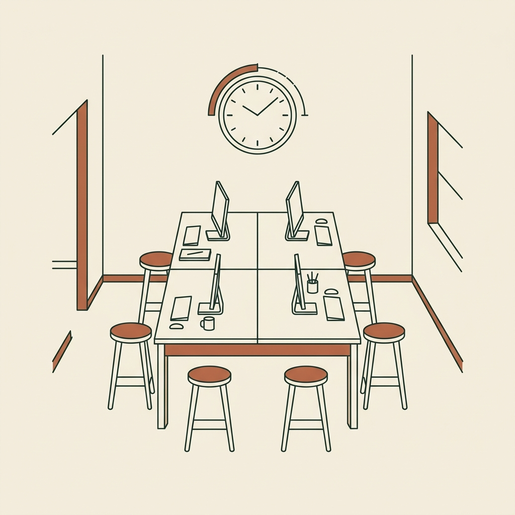 Line-art room with four workstations around one shared worktable under a wall clock, set for exactly four owners