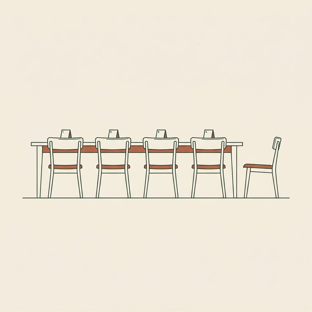 Line-art row of four chairs at a long table with a fifth chair turned away at the edge of the frame