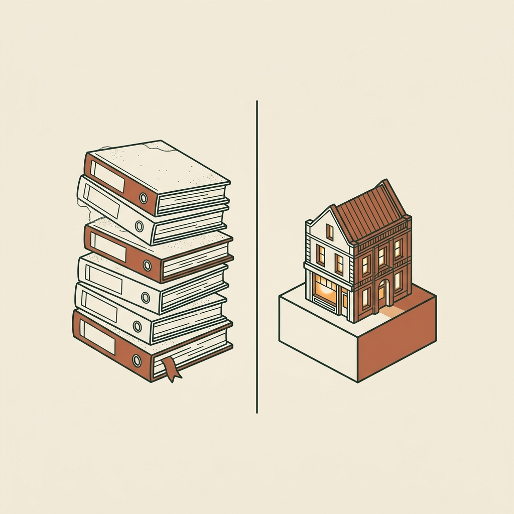 Line-art stack of dusty unopened course binders beside a small finished building on a plinth with its lights on