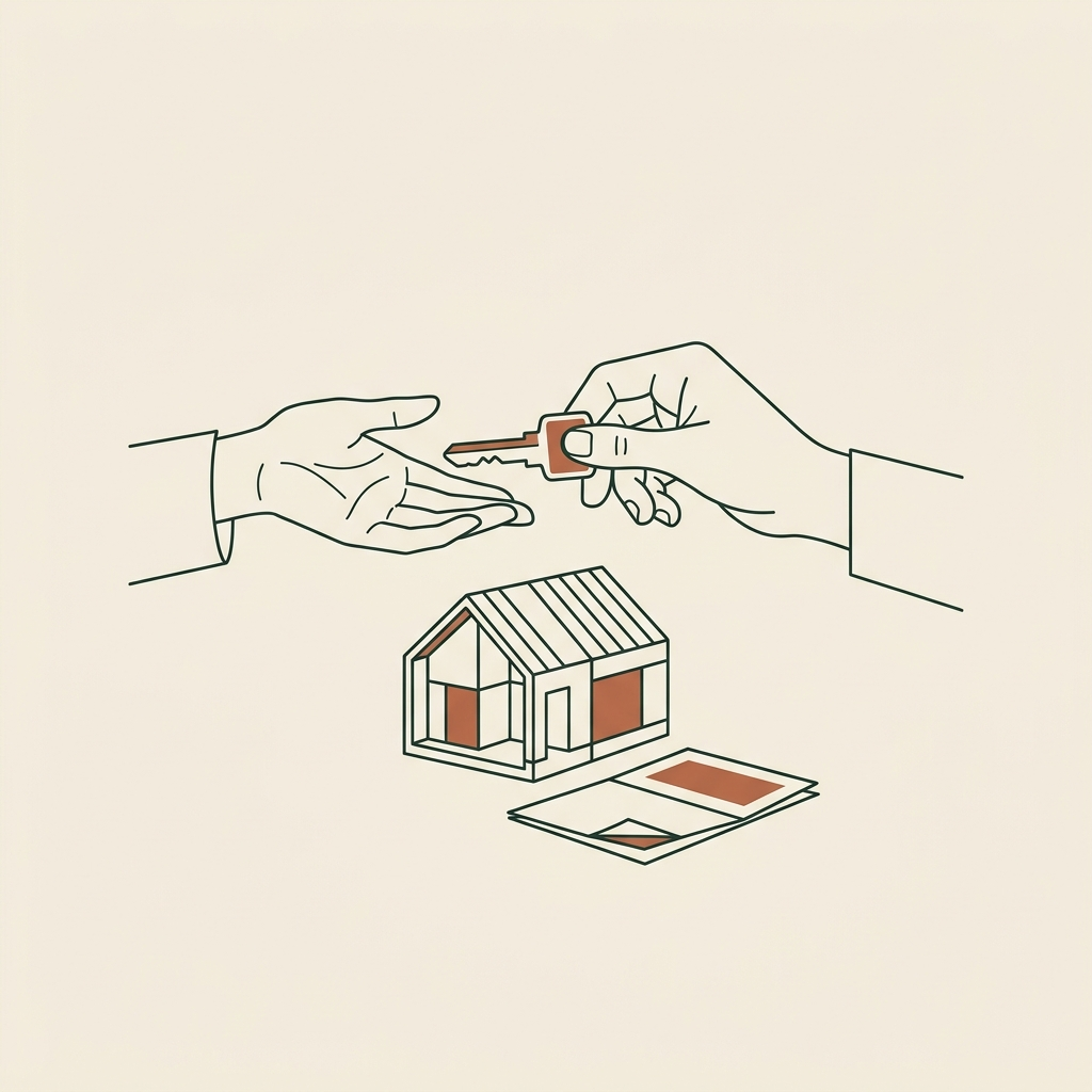 Line-art key passing from one open hand to another above a small completed building, with a folded deed resting below