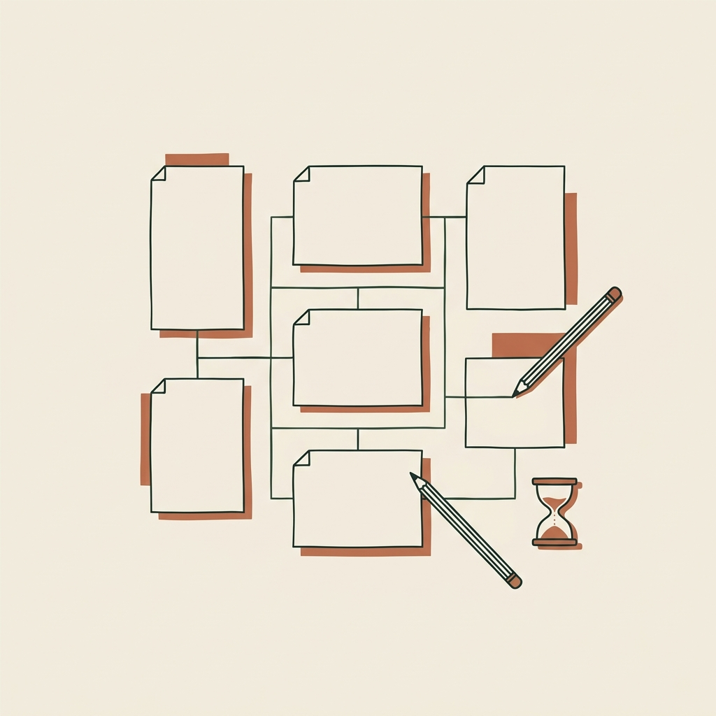 Overhead line-art site map of connected page rectangles with a pencil resting on the last connection and an hourglass barely started