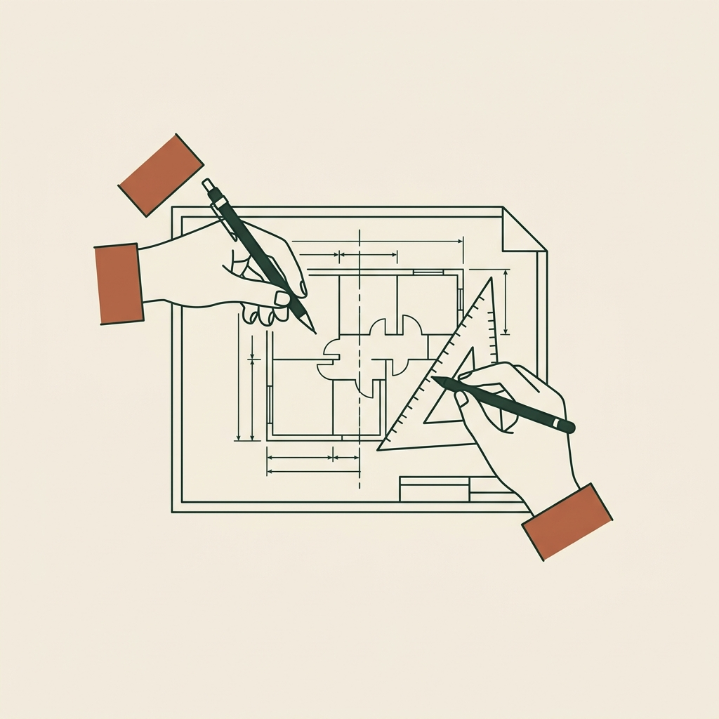 Two line-art hands from opposite sides working on the same half-finished blueprint, each holding a different drafting tool