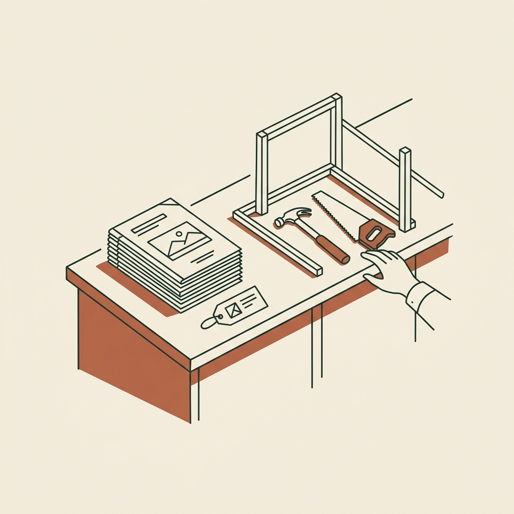 Line-art shop counter with sealed reports and a price tag on one side and real tools with a part-built frame on the other, a hand reaching toward the tools
