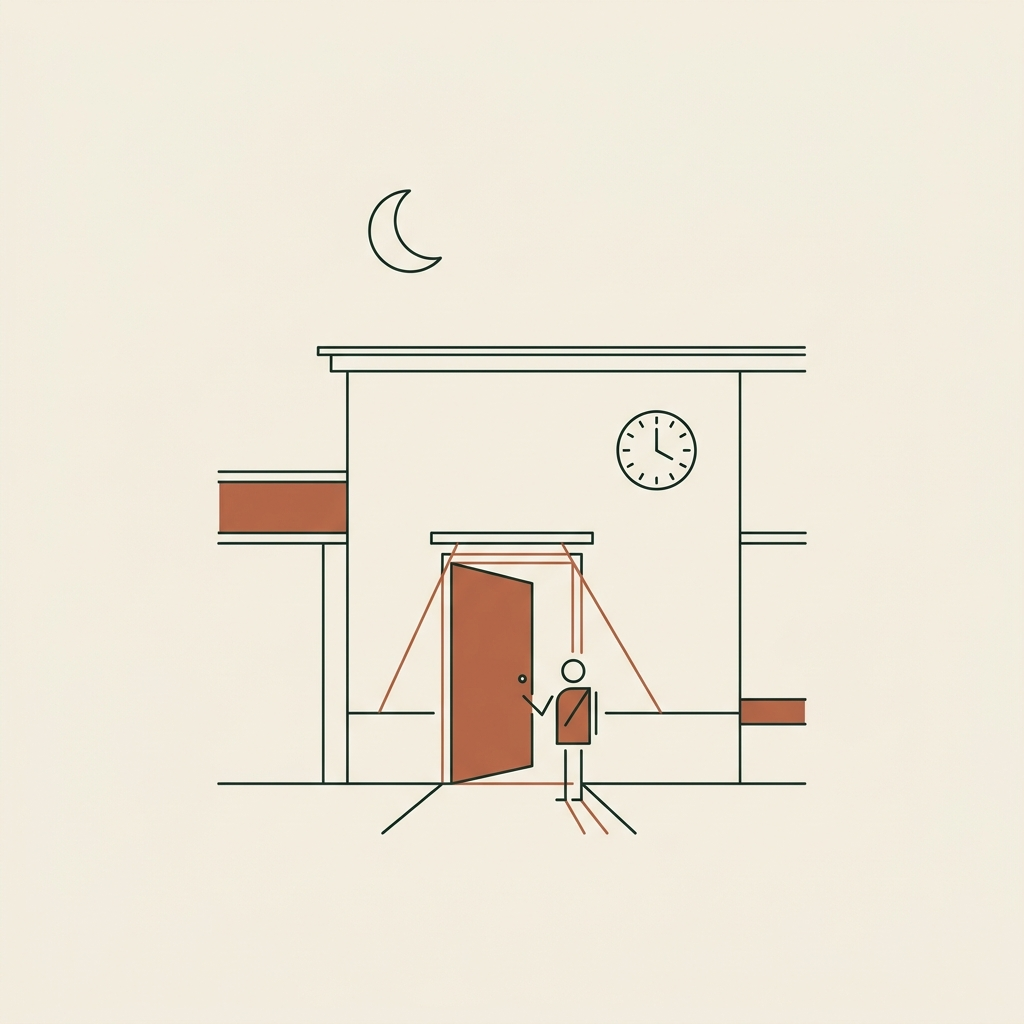 Line-art building facade at night with one warmly lit doorway and a courteous automated attendant at the threshold, a crescent moon and a late wall clock above