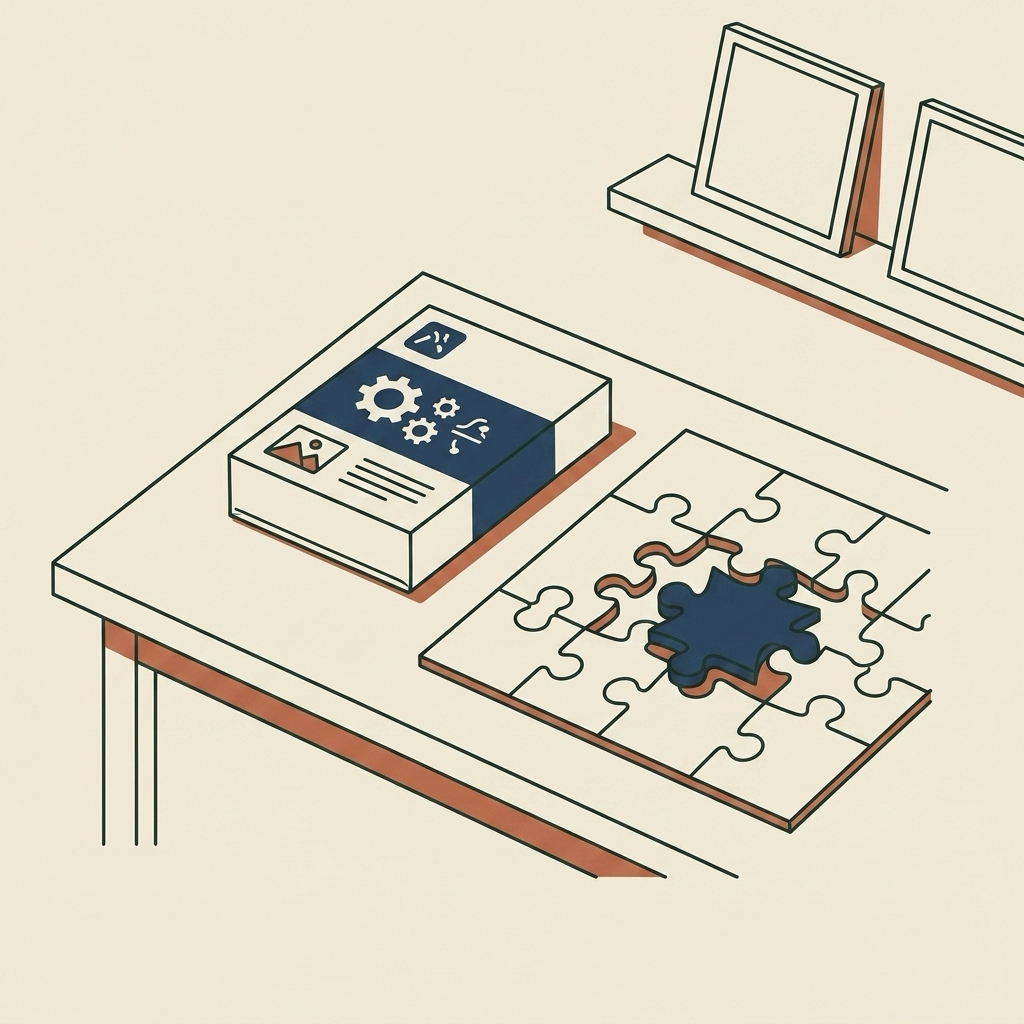 Line illustration of a boxed off-the-shelf application beside a puzzle with one piece that does not fit