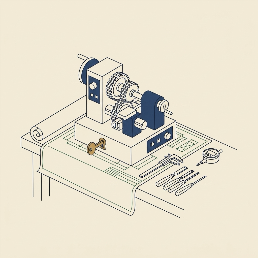 Line illustration of a bespoke machine built from modular parts on a blueprint, with a brass key seated in its base