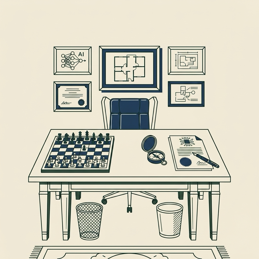 Line-art executive desk with a signed governance document and a seal, showing senior AI leadership a principal can sign off on