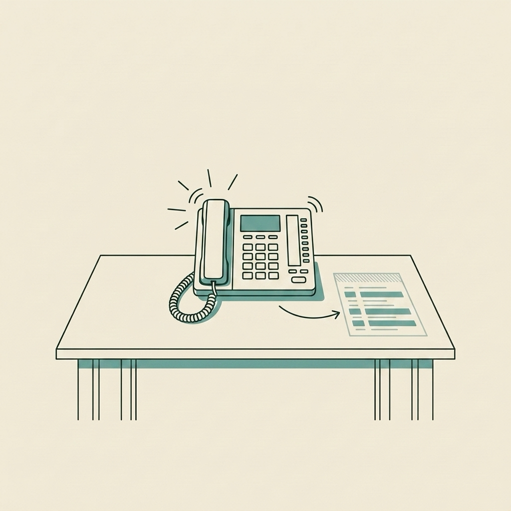Desk telephone ringing unanswered beside a message sheet with a return arrow, showing a missed call converted into a text