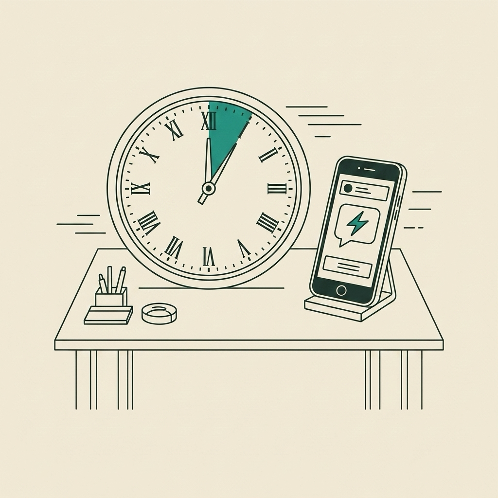 Clock with a short wedge of elapsed time beside a phone showing an inbound message, marking the minutes a reply still counts