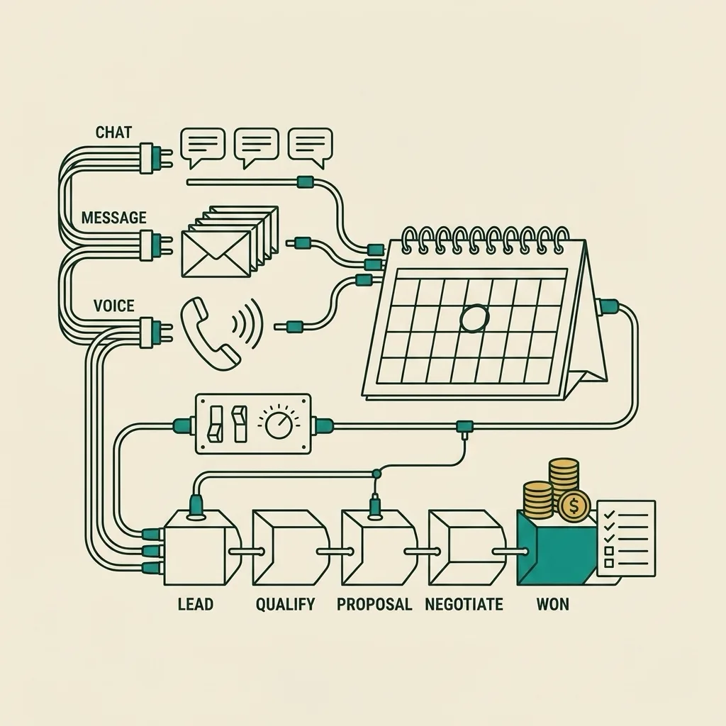 Line-art switchboard routing chat, message, and voice inputs into a single calendar and pipeline, the operational core