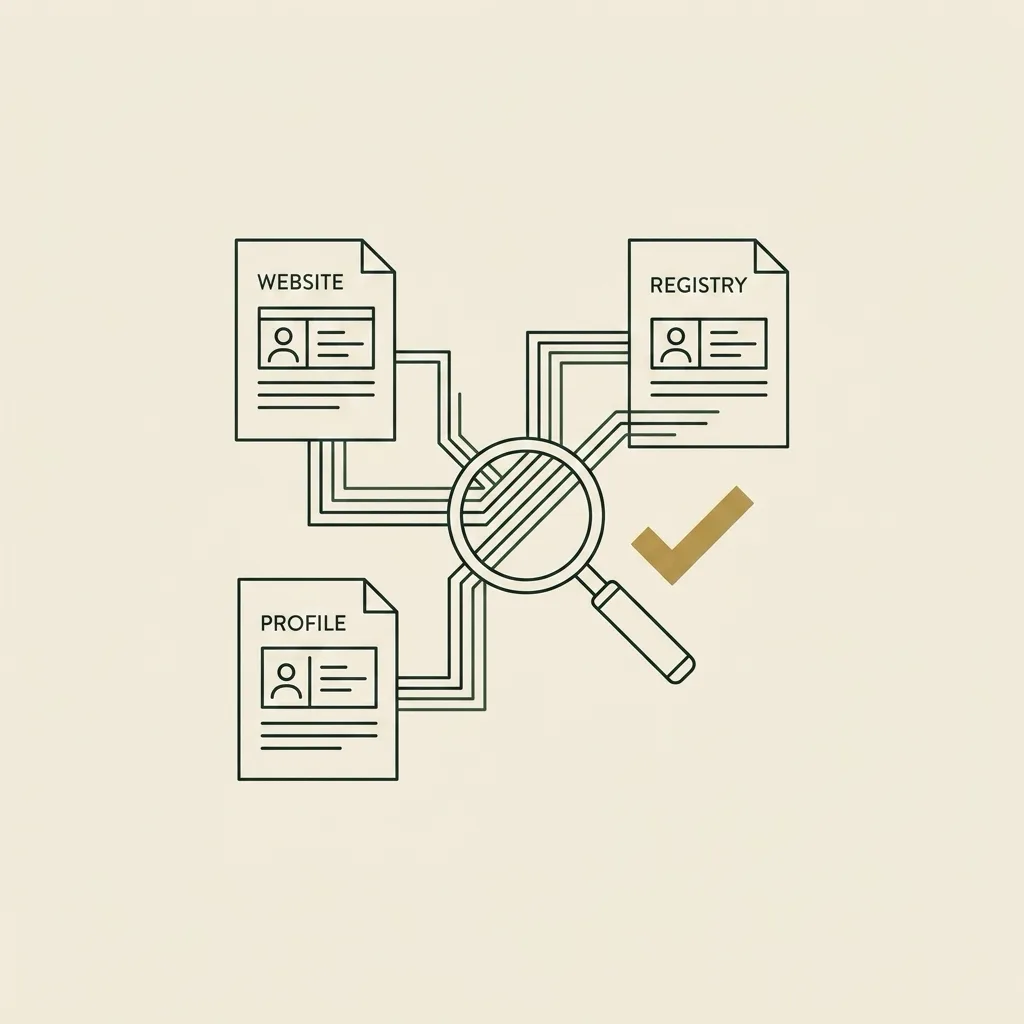 Line-art of website, registry, and profile documents cross-checked by a magnifying loupe for entity consistency