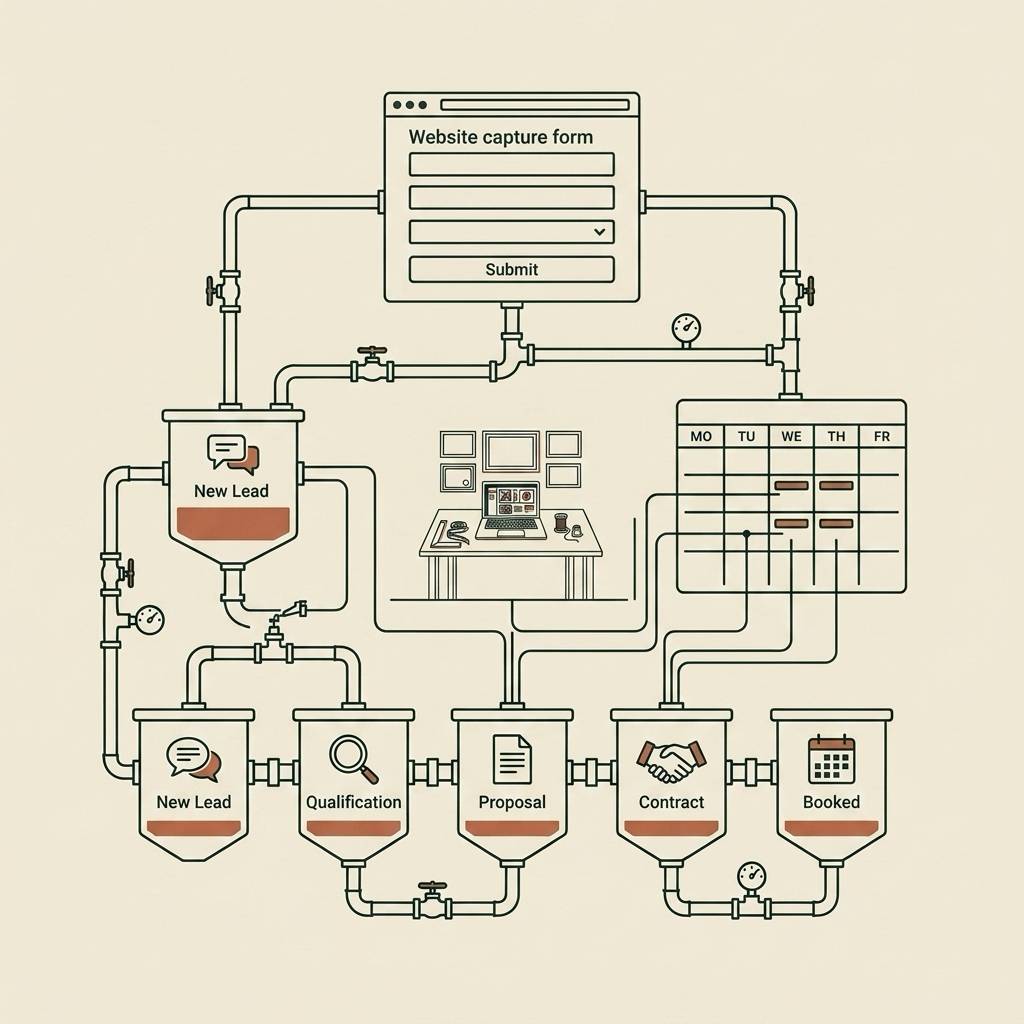 Line-art plumbing diagram carrying a website capture form through new lead, qualification, proposal, contract, and booked stages into one pipeline