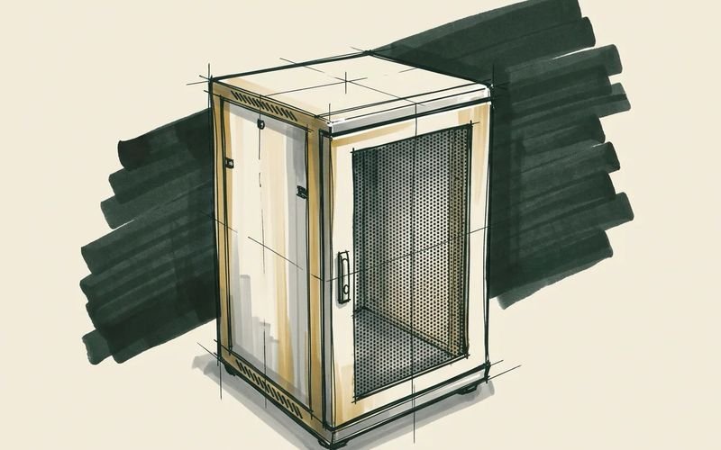 Marker sketch of a closed steel server rack, the private AI system running on the client's own hardware