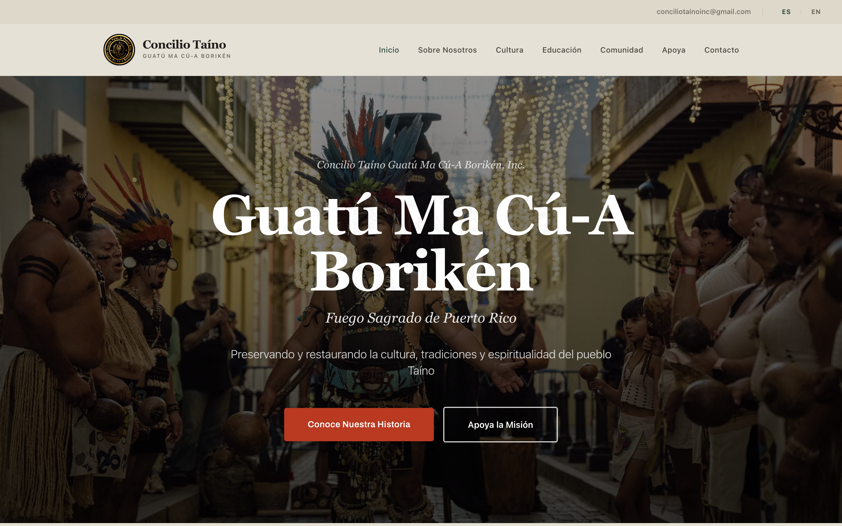 The Concilio Taíno homepage: a Spanish-first hero reading Guatú Ma Cú-A Borikén over a ceremony photograph in Old San Juan, with the ES and EN toggle in the corner