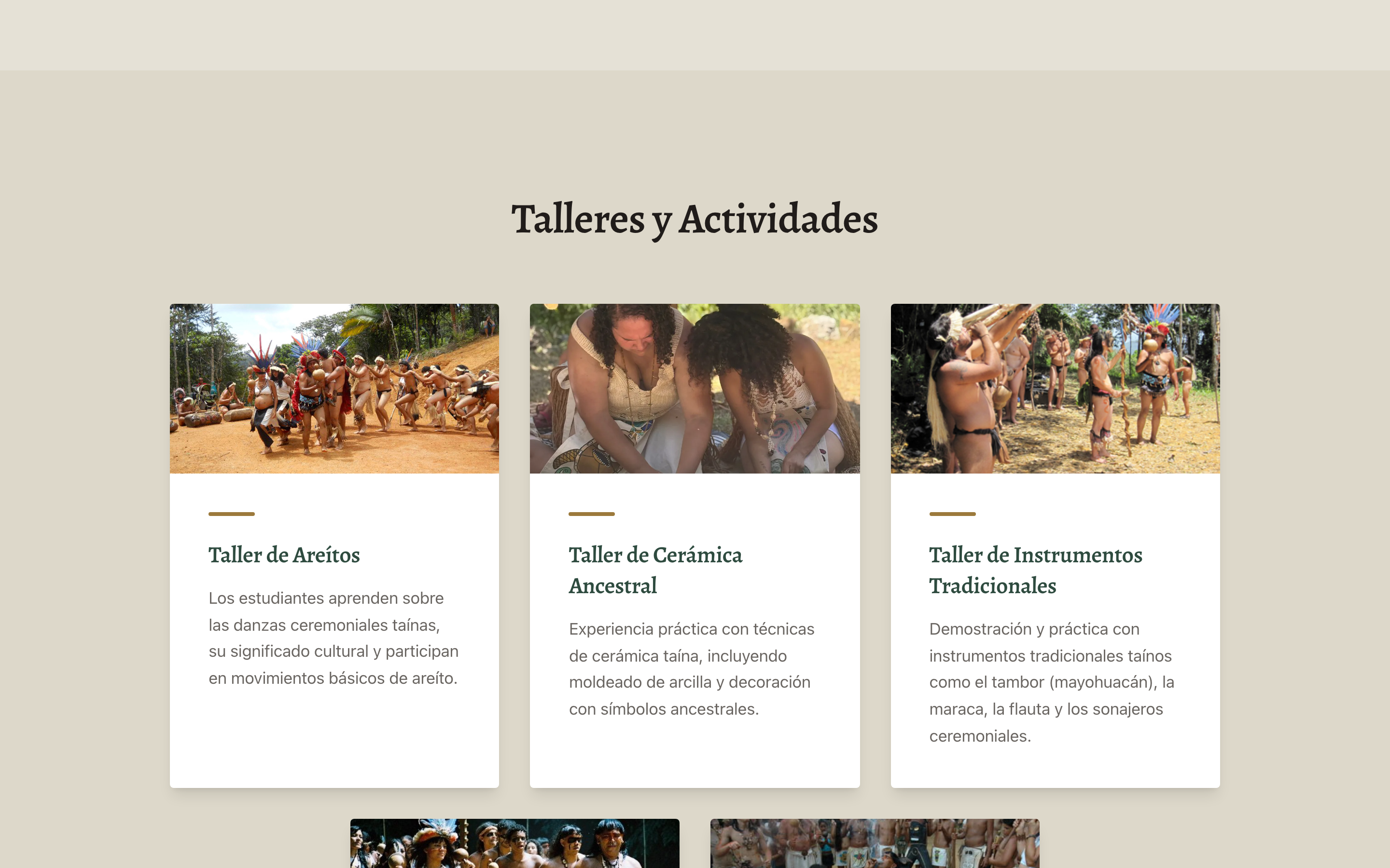 The Educación page showing the areíto, pottery and traditional instrument workshops