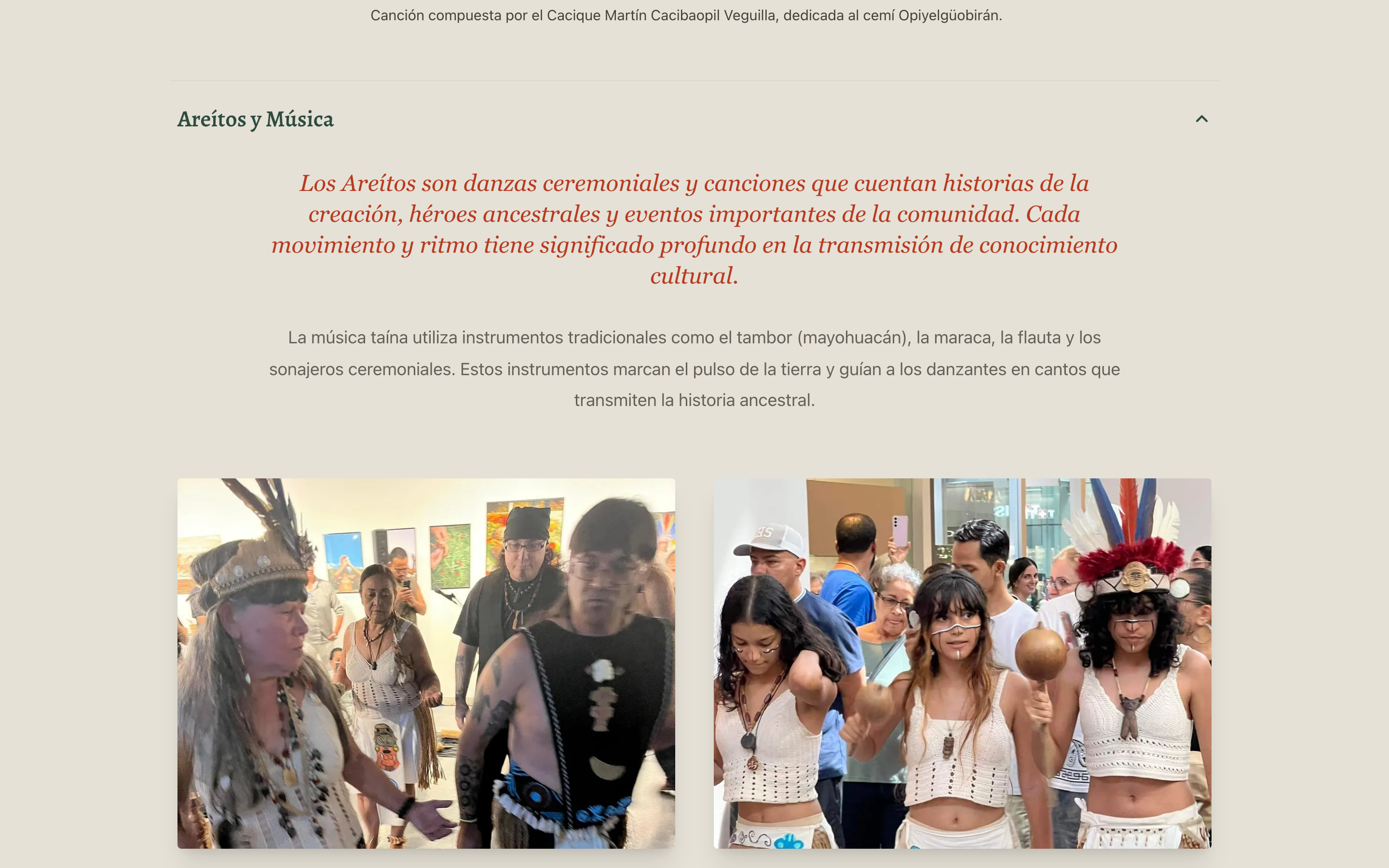 The Cultura page showing areítos and music alongside a pair of curated archive photographs